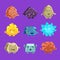 Alien Fantastic Golem Characters Of Different Humanized Rocks With Friendly Faces Emoji Stickers Set