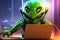 Alien hacker in a dream-like setting typing on laptop