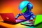 Alien hacker in a surreal landscape with laptop