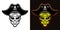 Alien head in pirate hat vector illustration in two styles black on white and colorful on dark background