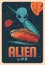 Alien head, space planets and ufo retro vector