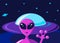 Alien and his spaceship flying saucer. A friendly humanoid extraterrestrial character greets his planet. Vector illustration of a