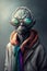 Alien humanoid wearing coat, scarf and sunglasses, illustration, generative A