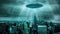 Alien invasion. An alien spaceship hovered over a densely populated city.