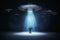 Alien invasion concept. Man standing under light beam from flying UFO spaceship. 3D rendered illustration