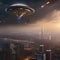 Alien invasion, Terrifying scene of alien spacecraft descending upon a city skyline as panicked crowds flee in terror1