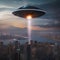 Alien invasion, Terrifying scene of alien spacecraft descending upon a city skyline as panicked crowds flee in terror2
