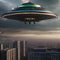 Alien invasion, Terrifying scene of alien spacecraft descending upon a city skyline as panicked crowds flee in terror5