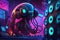 Alien mechanical octopus DJ, deejay in synthwave neon night club, AI generative