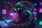 Alien mechanical octopus DJ, deejay in synthwave neon night club, AI generative