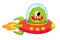 Alien monster is flying on rocket on white background