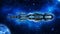 Alien mothership, spaceship in deep space, UFO spacecraft flying in the Universe with planet and stars, side view, 3D render