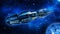 Alien mothership, spaceship in deep space, UFO spacecraft flying in the Universe with planet and stars, top view, 3D render
