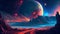 An alien planet with a colorful atmosphere, with a nearby star and a galaxy in the background, Generative AI, illustration