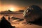 Alien planet in deep space, lonely astronaut near strange sphere, generative AI