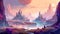 Alien planet with fantastic landscapes, and enchanted castles. Generative AI