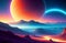 Alien planet landscape, 3d illustration of imaginary, fictional another planet background. Generative Ai