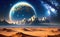 Alien planet landscape, 3d illustration of imaginary, fictional another planet background. Generative Ai