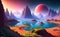 Alien planet landscape, 3d illustration of imaginary, fictional another planet background. Generative Ai