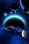 Alien planetary system, bakground with stars and nebula, atmosphere, cargo spaceship, 3d illustration