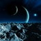 Alien Planetary system, a moon with mountains and rocks, two planets with atmosphere, a bright star and nebula, 3d illustration