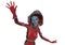 Alien queen in a red sci fi outfit is giving a scare in a white background