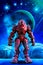 Alien red robot, invading a Planet, 3d illustration