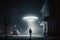 An alien saucer hovering over the city. UFO, alien invasion, unidentified flying object, visitors from space. The