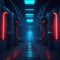 Alien Ship Futuristic Long Tunnel Dark Red And Blue Glowing Lights Metal Texture Plates Walls With Cables Generative Ai