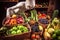 alien shopper picking through basket of fresh fruit and vegetables
