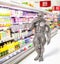 Alien shopping in supermarket