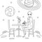 Alien is sitting at the table in cafe on the Moon. Cosmos invader is drinking a coffee. UFO concept vector in outline style for