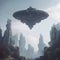 Alien spacecraft hovering above ruined city