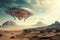 An alien spacecraft soars over a barren desert, leaving behind a trail of mystery and intrigue, Spacecraft landing on a faraway,