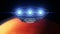 Alien spaceship is approaching Mars. Bright engines flashing, 3d animation. Texture of the Planet was created in the