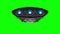 Alien spaceship on green screen. Bright engines flashing, 3d animation.