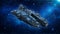 Alien spaceship in the Universe, spacecraft flying in deep space with stars in the background, UFO front view, 3D render