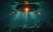 Alien spaceships underwater illuminating the sea bed