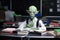 alien student sitting at classroom desk, with books and notebooks in front of them