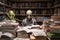 alien student, surrounded by books and notebooks, in the library