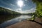 alien sunbather taking in the rays of the warm sun, with beautiful view of a peaceful lake