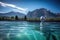 alien swimming in crystal-clear pool, with view of majestic mountain range visible in the background