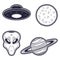 Alien, UFO, moon and planet. Set of badge and stickers print design in monochrome style on cosmos theme.