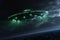 Alien visitation, UFO spaceship hovers in night sky, green creature awaits