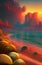 Alien world`s landscape with a beach in retro scifi style