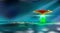 Aliens futuristic orange spaceship hovers over surface water. Ufo with lights went to take off. Invasion concept. Moonlight dark