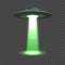 Aliens spaceship. UFO lights, 3d space object. Flying plate ship with rays, isolated fantasy invasion vector element