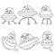 Aliens and spaceships outline set, coloring page with positive extraterrestrial characters