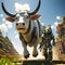 Aliens steal a cow in style of Minecraft. Generative AI.