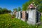 Aligned headstones in a cemetary